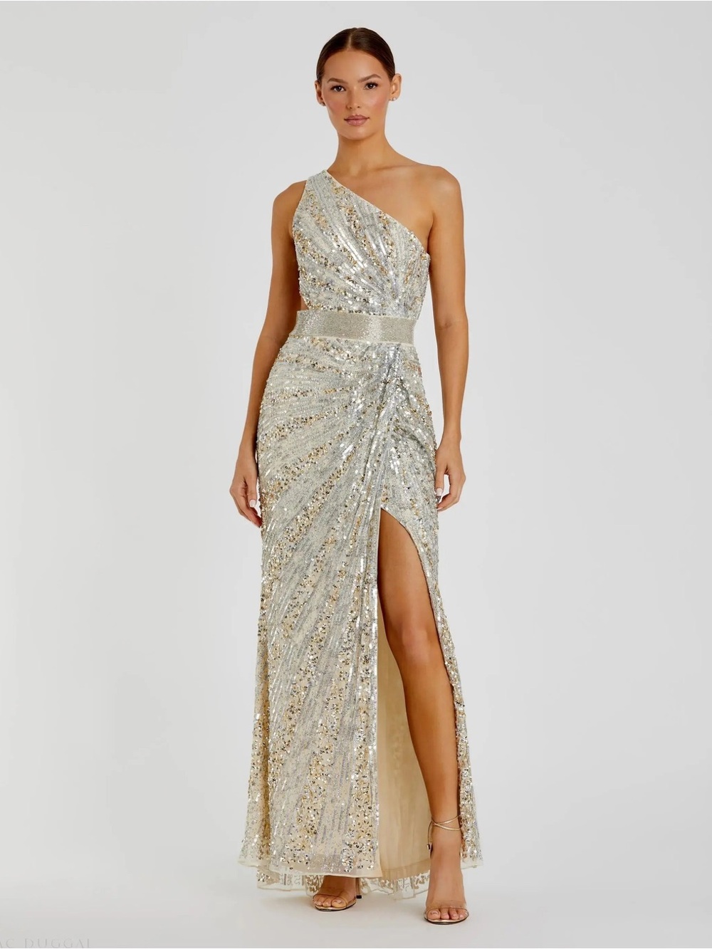 Mac Duggal 5687 Silver Sequined One Shoulder Draped Lace Up Gown Size 4 NWT